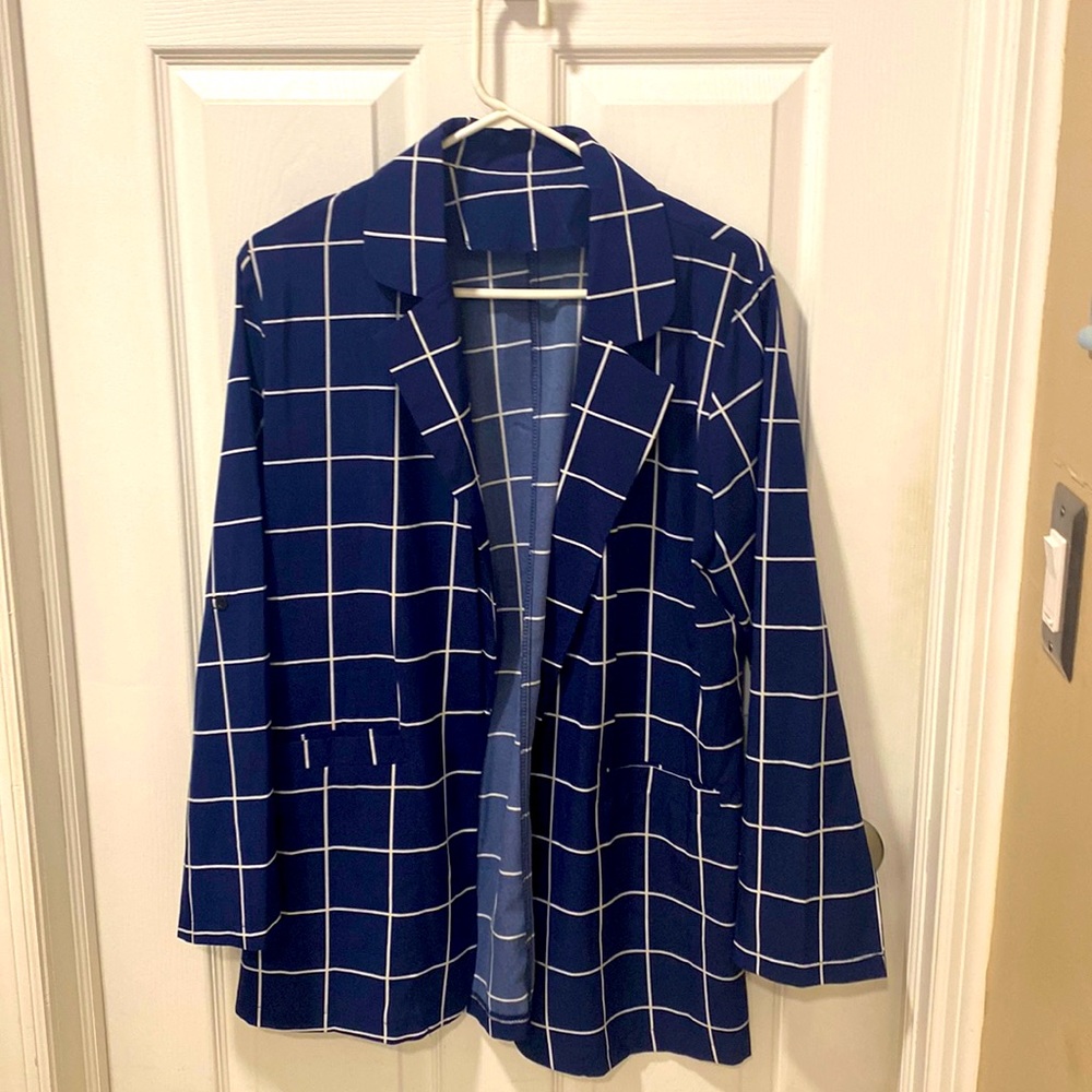 Navy and white window pane blazer